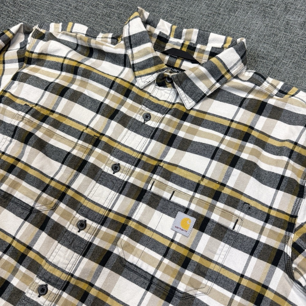 Carhartt‎ Button Up Shirt Men's 2XL White Yellow Plaid Relaxed Fit Work Stretch